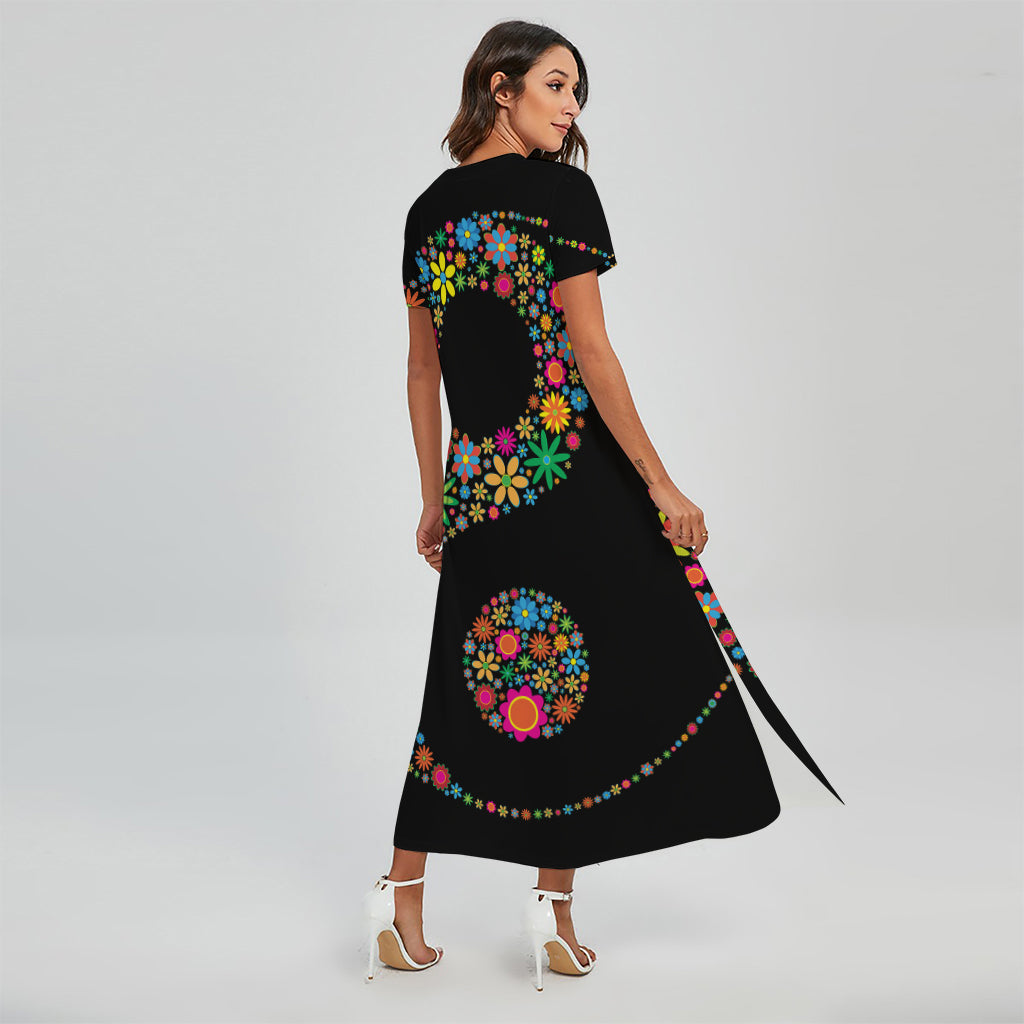 Colorful Flowers Yin Yang Print Short Sleeve Maxi Dress