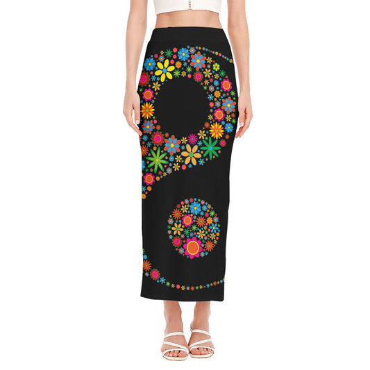 Colorful Flowers Yin Yang Print Side Slit Maxi Skirt