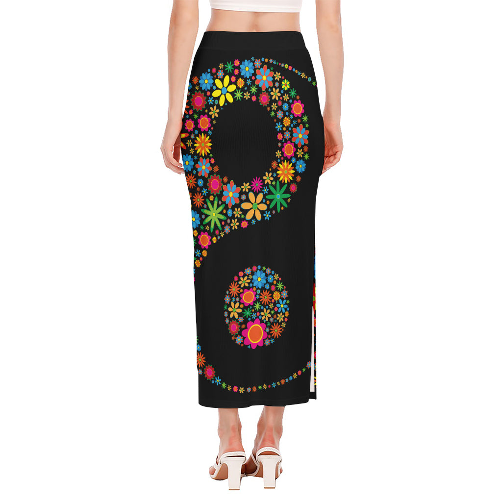 Colorful Flowers Yin Yang Print Side Slit Maxi Skirt