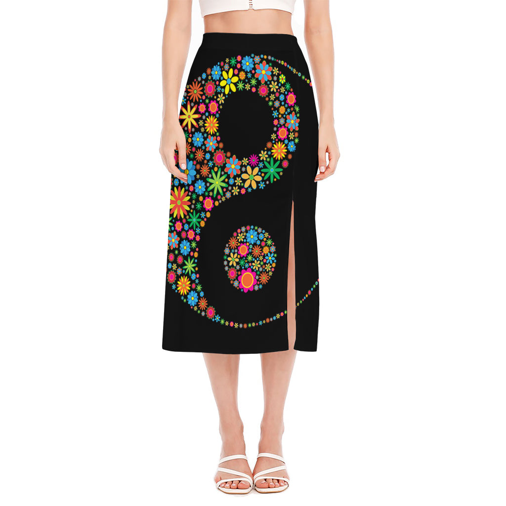 Colorful Flowers Yin Yang Print Side Slit Midi Skirt