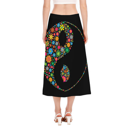 Colorful Flowers Yin Yang Print Side Slit Midi Skirt