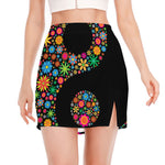 Colorful Flowers Yin Yang Print Side Slit Mini Skirt