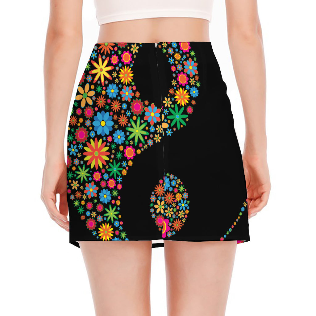 Colorful Flowers Yin Yang Print Side Slit Mini Skirt