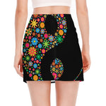 Colorful Flowers Yin Yang Print Side Slit Mini Skirt