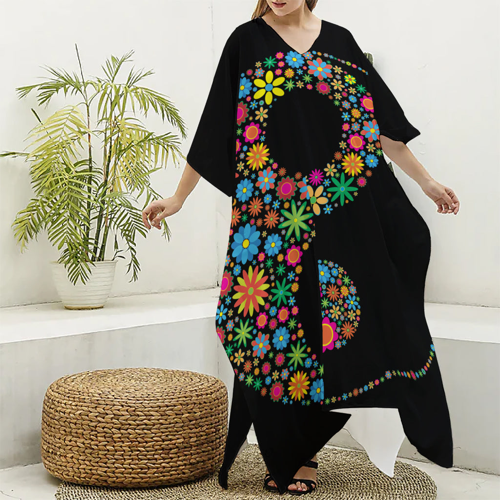 Colorful Flowers Yin Yang Print Silk V-Neck Kaftan Dress
