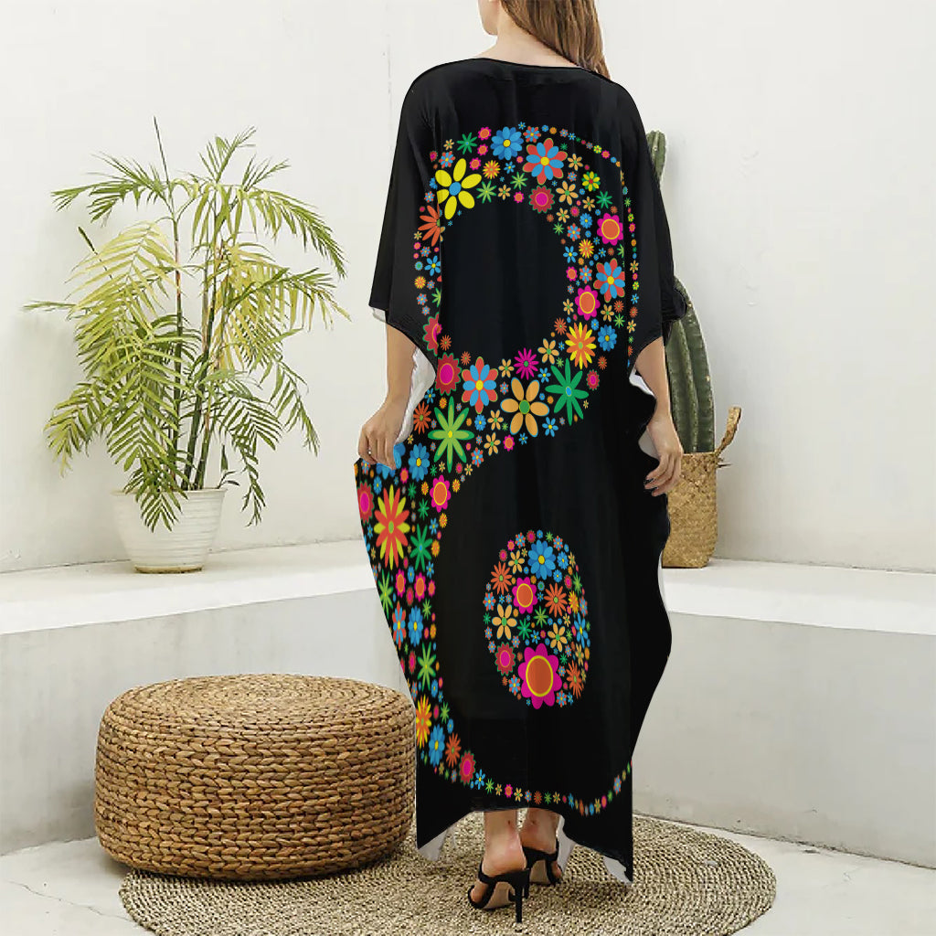 Colorful Flowers Yin Yang Print Silk V-Neck Kaftan Dress