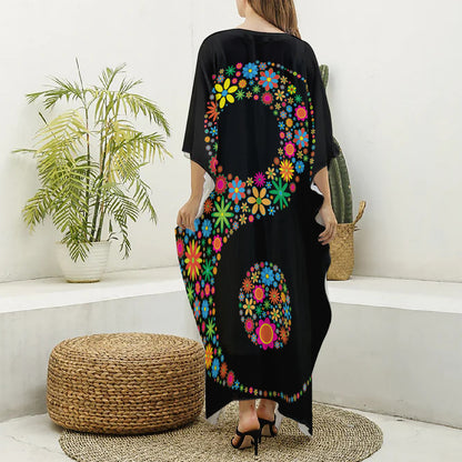 Colorful Flowers Yin Yang Print Silk V-Neck Kaftan Dress