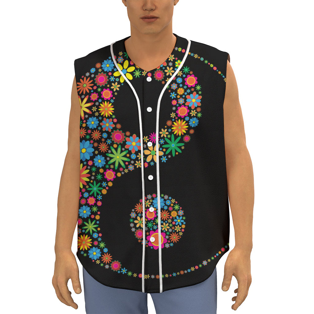Colorful Flowers Yin Yang Print Sleeveless Baseball Jersey
