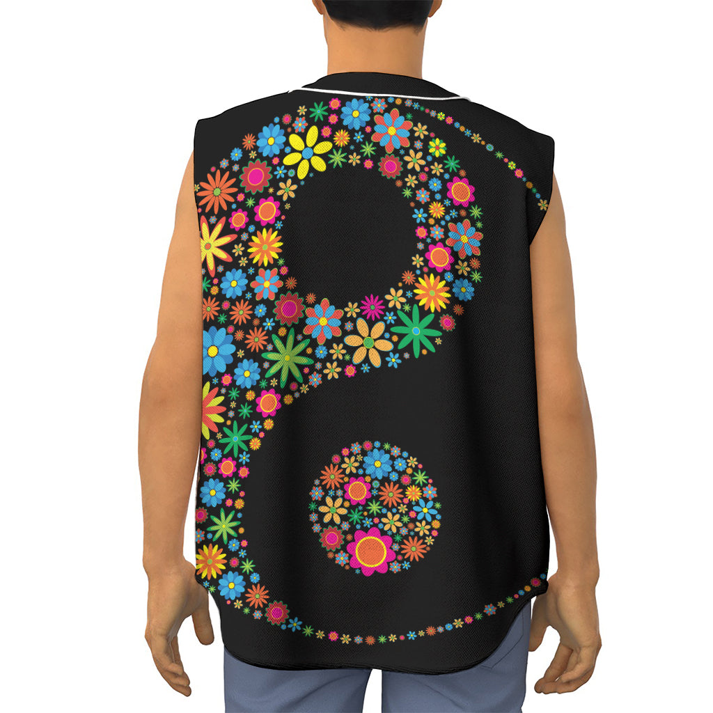Colorful Flowers Yin Yang Print Sleeveless Baseball Jersey