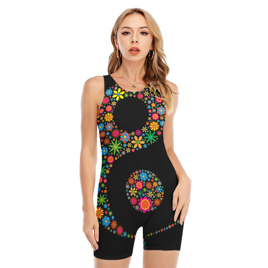 Colorful Flowers Yin Yang Print Sleeveless One Piece Swimsuit