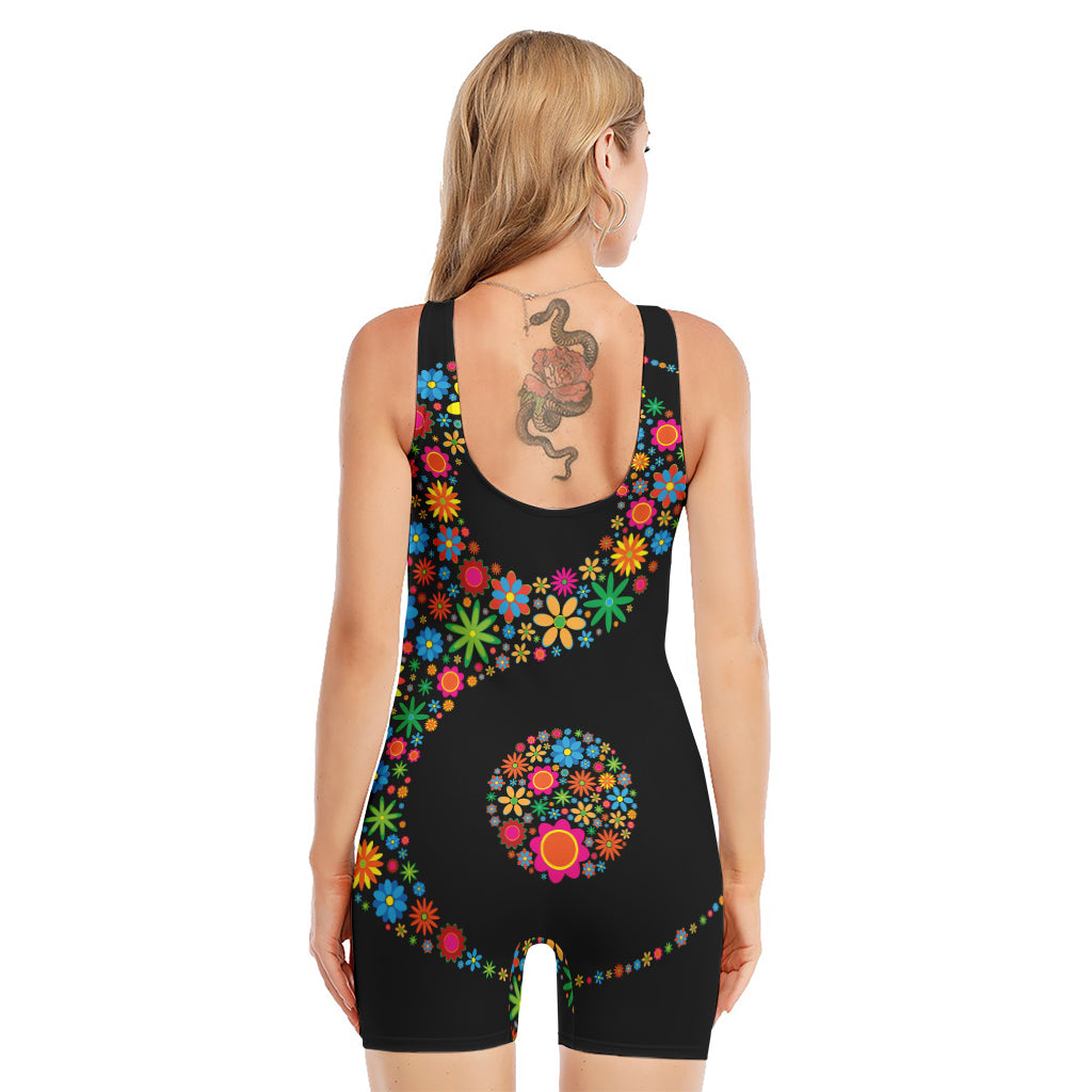 Colorful Flowers Yin Yang Print Sleeveless One Piece Swimsuit