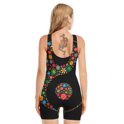 Colorful Flowers Yin Yang Print Sleeveless One Piece Swimsuit