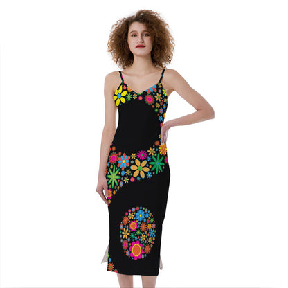 Colorful Flowers Yin Yang Print Slim Fit Midi Cami Dress