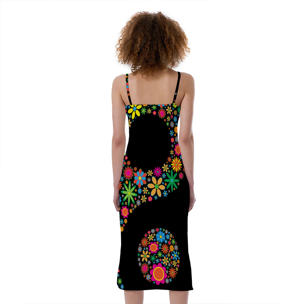Colorful Flowers Yin Yang Print Slim Fit Midi Cami Dress
