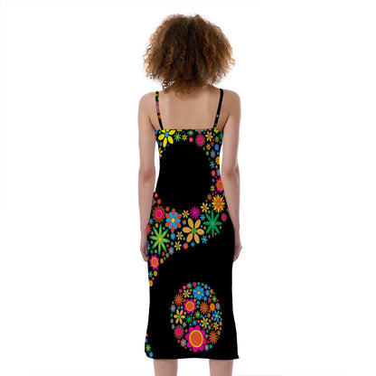 Colorful Flowers Yin Yang Print Slim Fit Midi Cami Dress