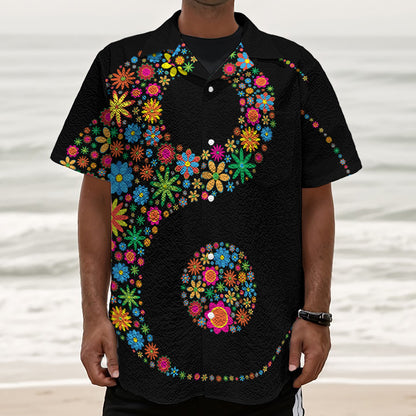 Colorful Flowers Yin Yang Print Textured Short Sleeve Shirt