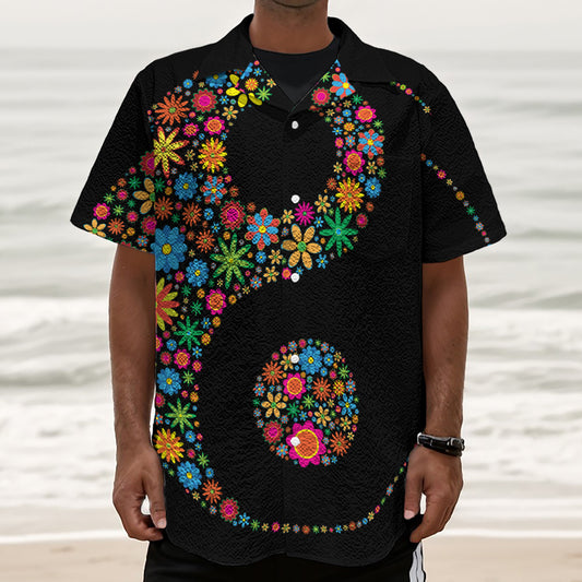 Colorful Flowers Yin Yang Print Textured Short Sleeve Shirt