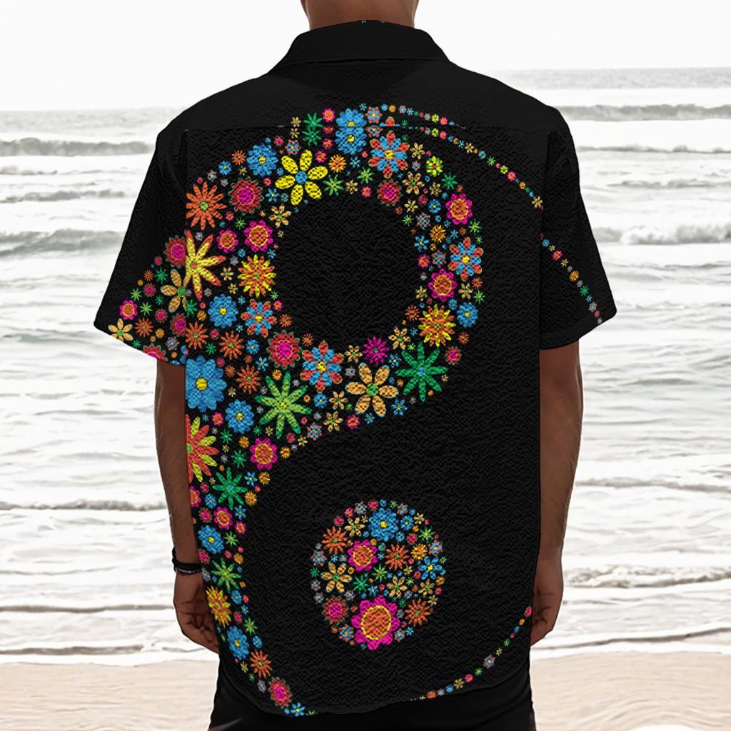Colorful Flowers Yin Yang Print Textured Short Sleeve Shirt