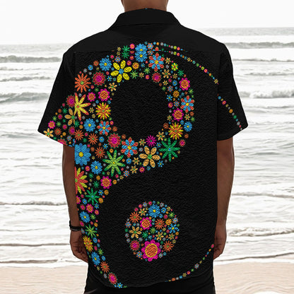 Colorful Flowers Yin Yang Print Textured Short Sleeve Shirt