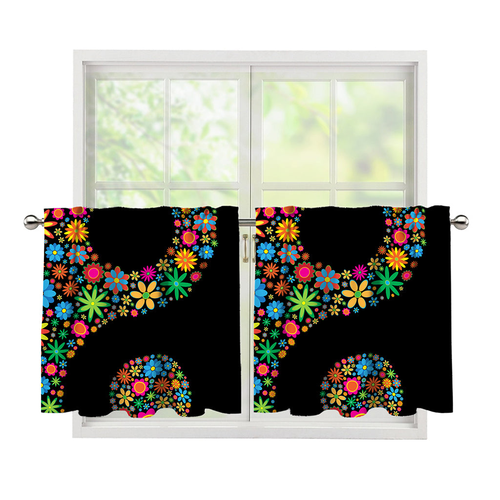 Colorful Flowers Yin Yang Print Tier Curtains