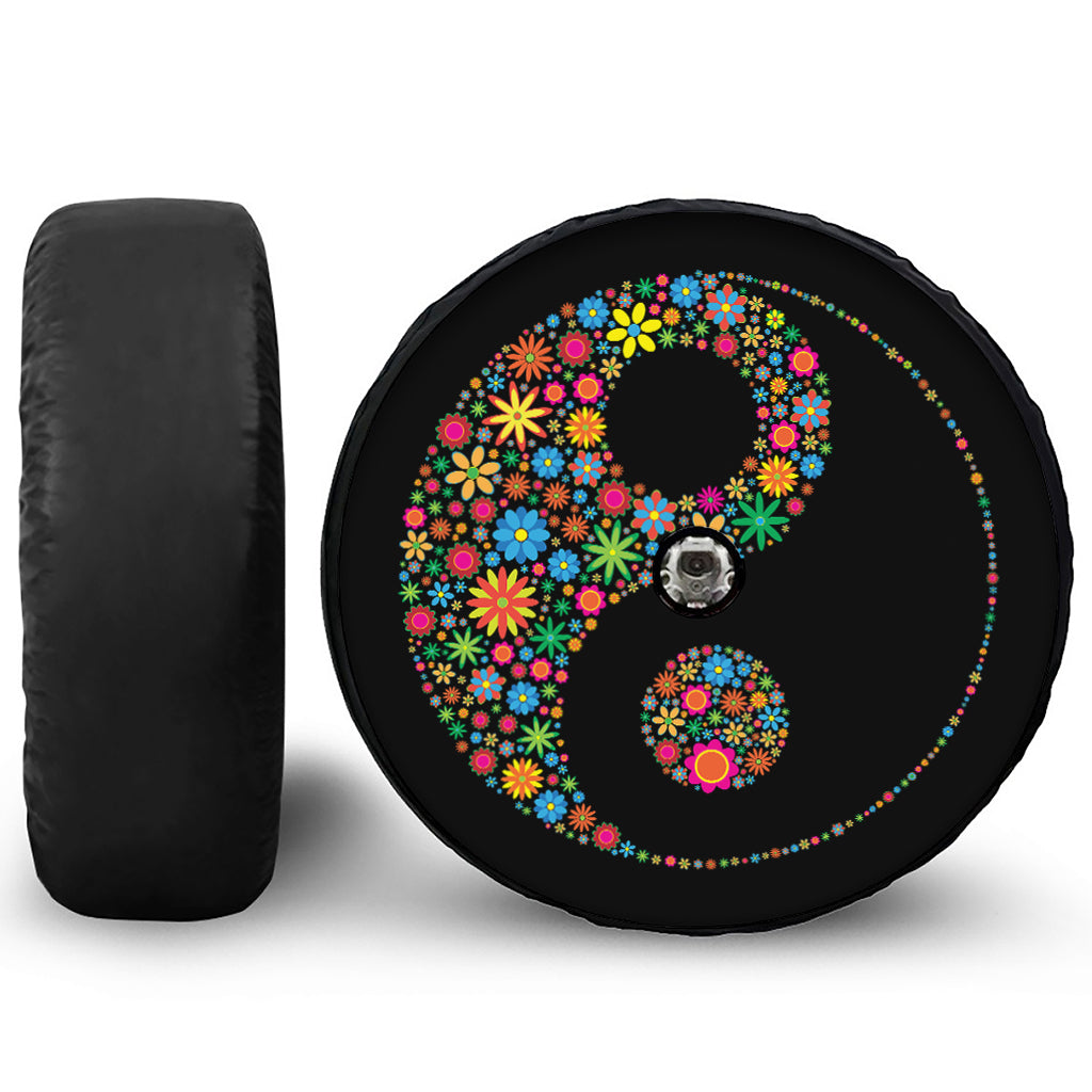 Colorful Flowers Yin Yang Print Tire Cover With Camera Hole