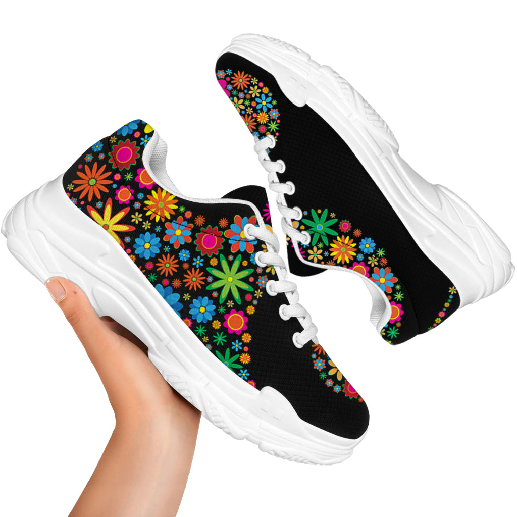 Colorful Flowers Yin Yang Print White Chunky Shoes