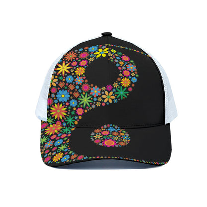 Colorful Flowers Yin Yang Print White Mesh Trucker Cap