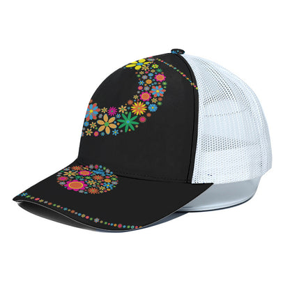 Colorful Flowers Yin Yang Print White Mesh Trucker Cap
