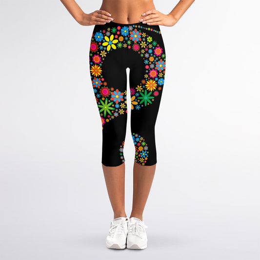 Colorful Flowers Yin Yang Print Women's Capri Leggings