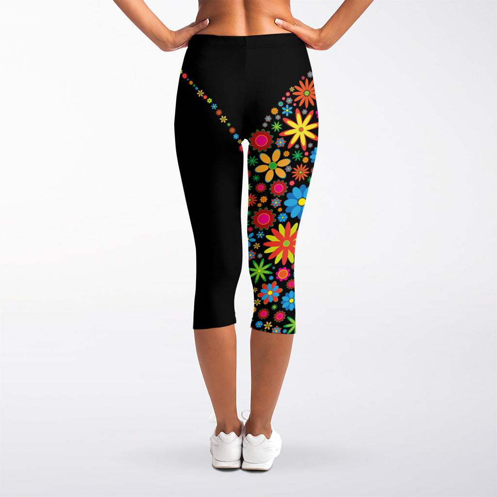 Colorful Flowers Yin Yang Print Women's Capri Leggings