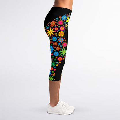 Colorful Flowers Yin Yang Print Women's Capri Leggings