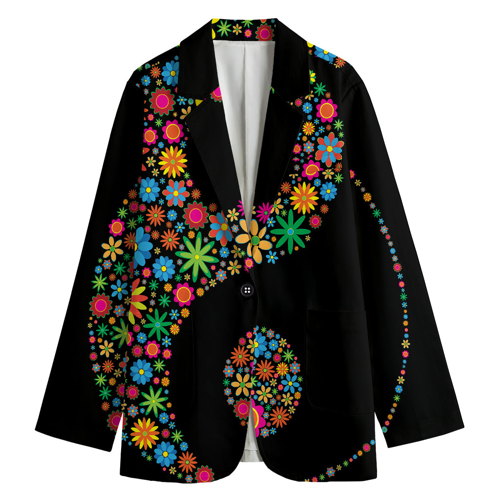 Colorful Flowers Yin Yang Print Women's Cotton Blazer