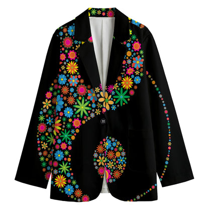 Colorful Flowers Yin Yang Print Women's Cotton Blazer