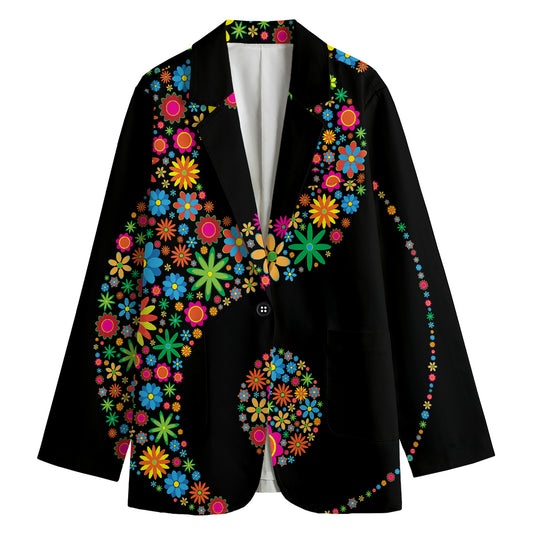 Colorful Flowers Yin Yang Print Women's Cotton Blazer