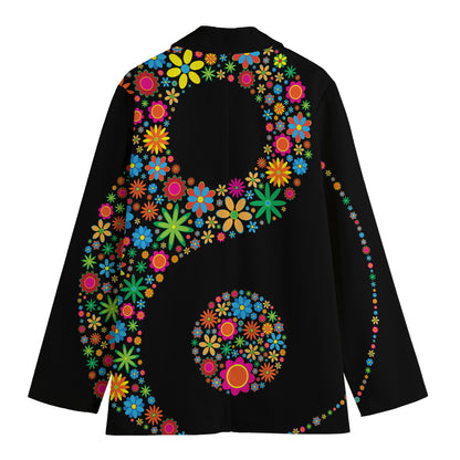 Colorful Flowers Yin Yang Print Women's Cotton Blazer