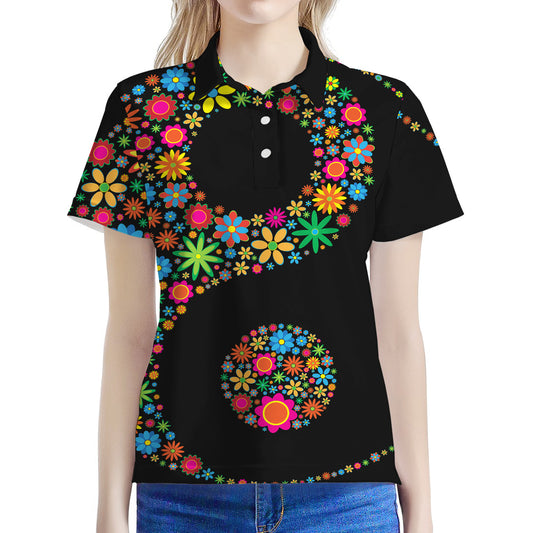 Colorful Flowers Yin Yang Print Women's Polo Shirt