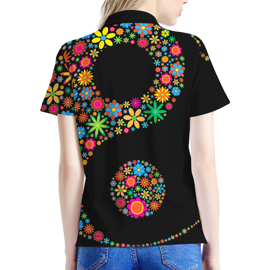 Colorful Flowers Yin Yang Print Women's Polo Shirt