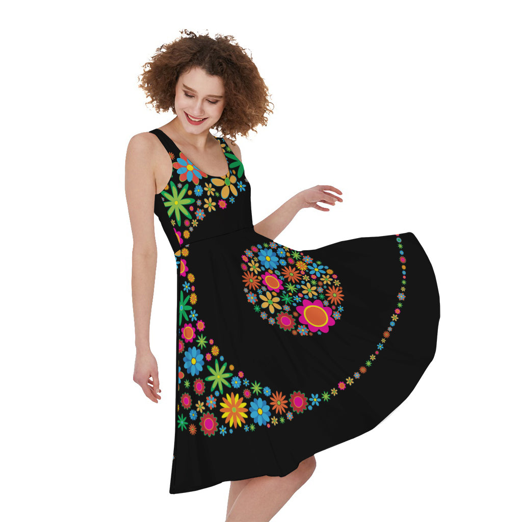 Colorful Flowers Yin Yang Print Women's Sleeveless Dress