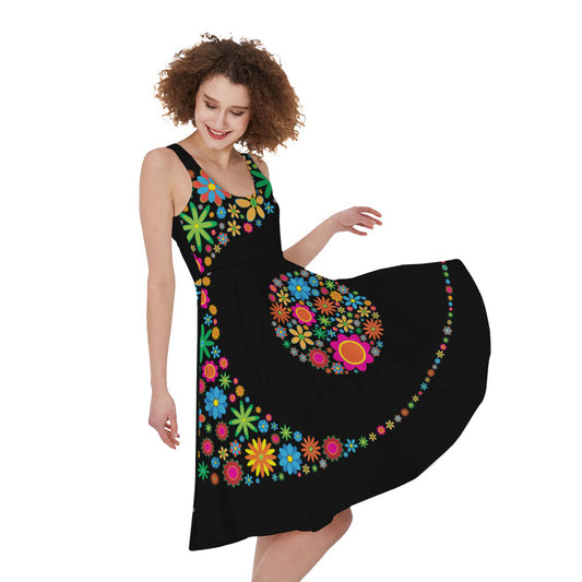 Colorful Flowers Yin Yang Print Women's Sleeveless Dress