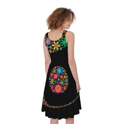 Colorful Flowers Yin Yang Print Women's Sleeveless Dress