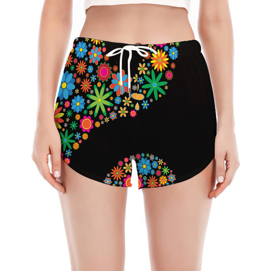 Colorful Flowers Yin Yang Print Women's Split Running Shorts