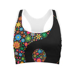 Colorful Flowers Yin Yang Print Women's Sports Bra