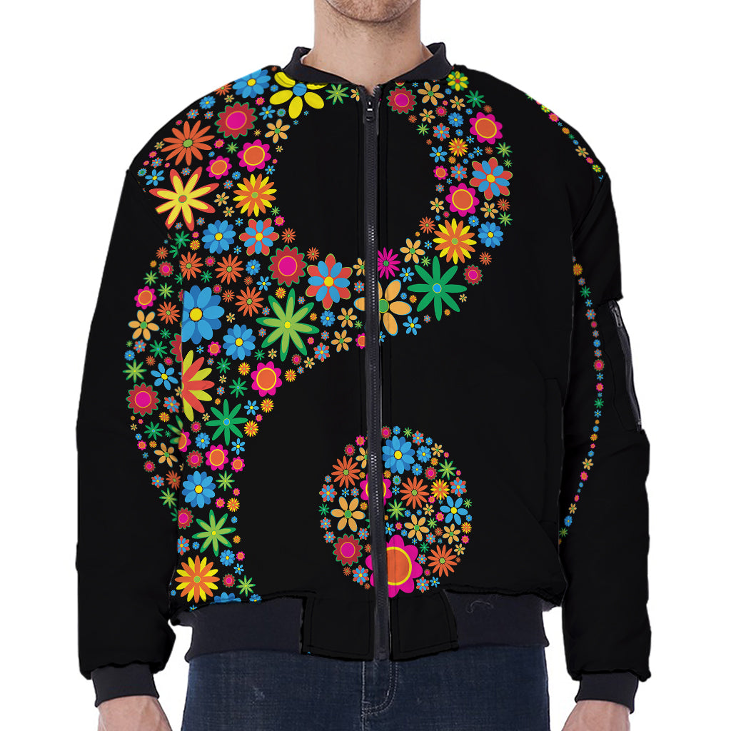 Colorful Flowers Yin Yang Print Zip Sleeve Bomber Jacket