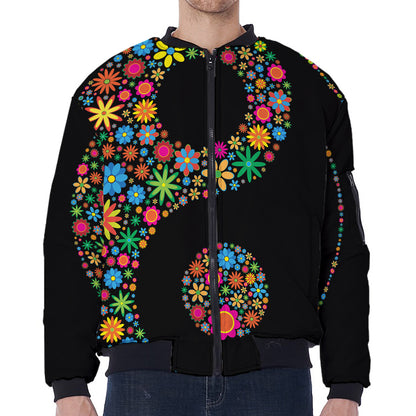 Colorful Flowers Yin Yang Print Zip Sleeve Bomber Jacket