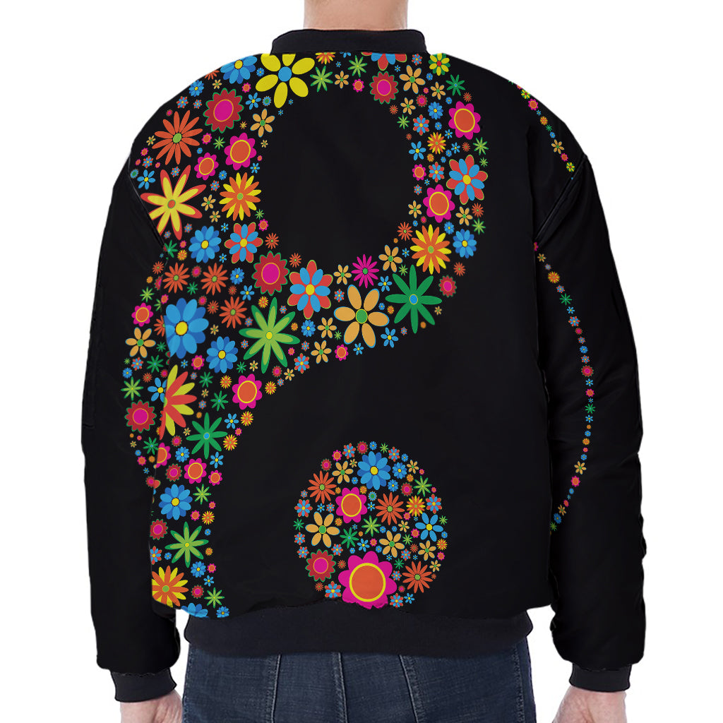 Colorful Flowers Yin Yang Print Zip Sleeve Bomber Jacket
