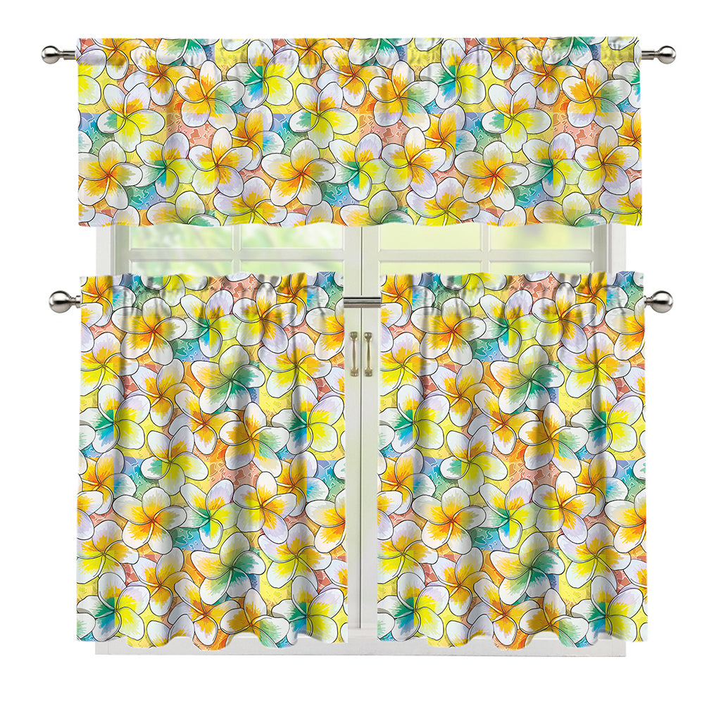 Colorful Frangipani Pattern Print 3 Piece Kitchen Curtains