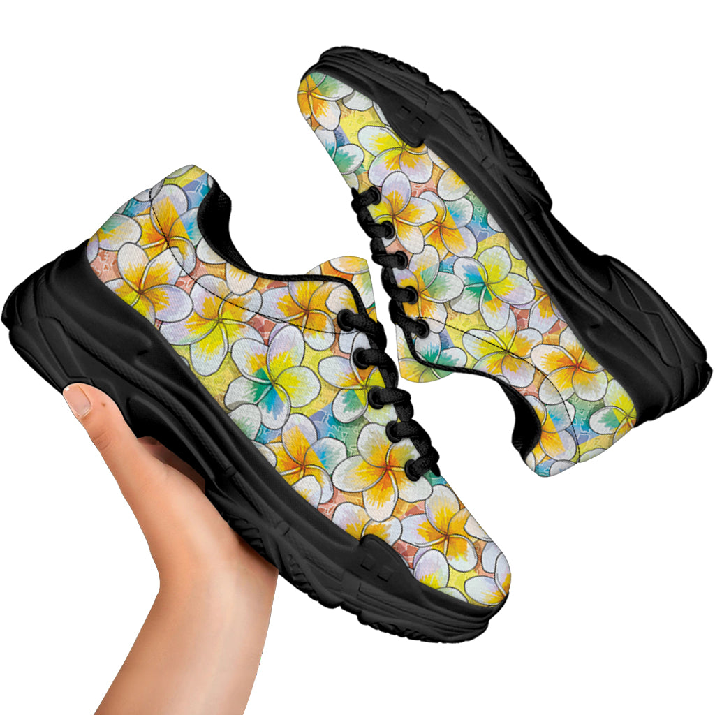 Colorful Frangipani Pattern Print Black Chunky Shoes