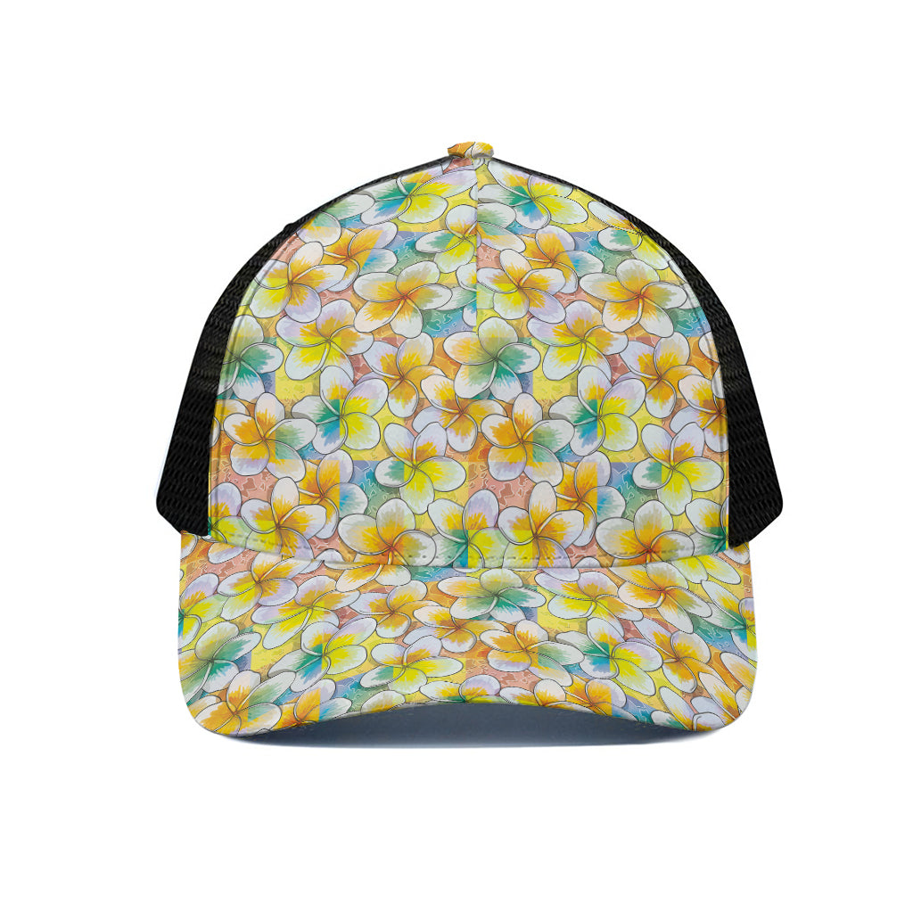 Colorful Frangipani Pattern Print Black Mesh Trucker Cap