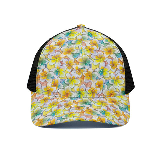Colorful Frangipani Pattern Print Black Mesh Trucker Cap