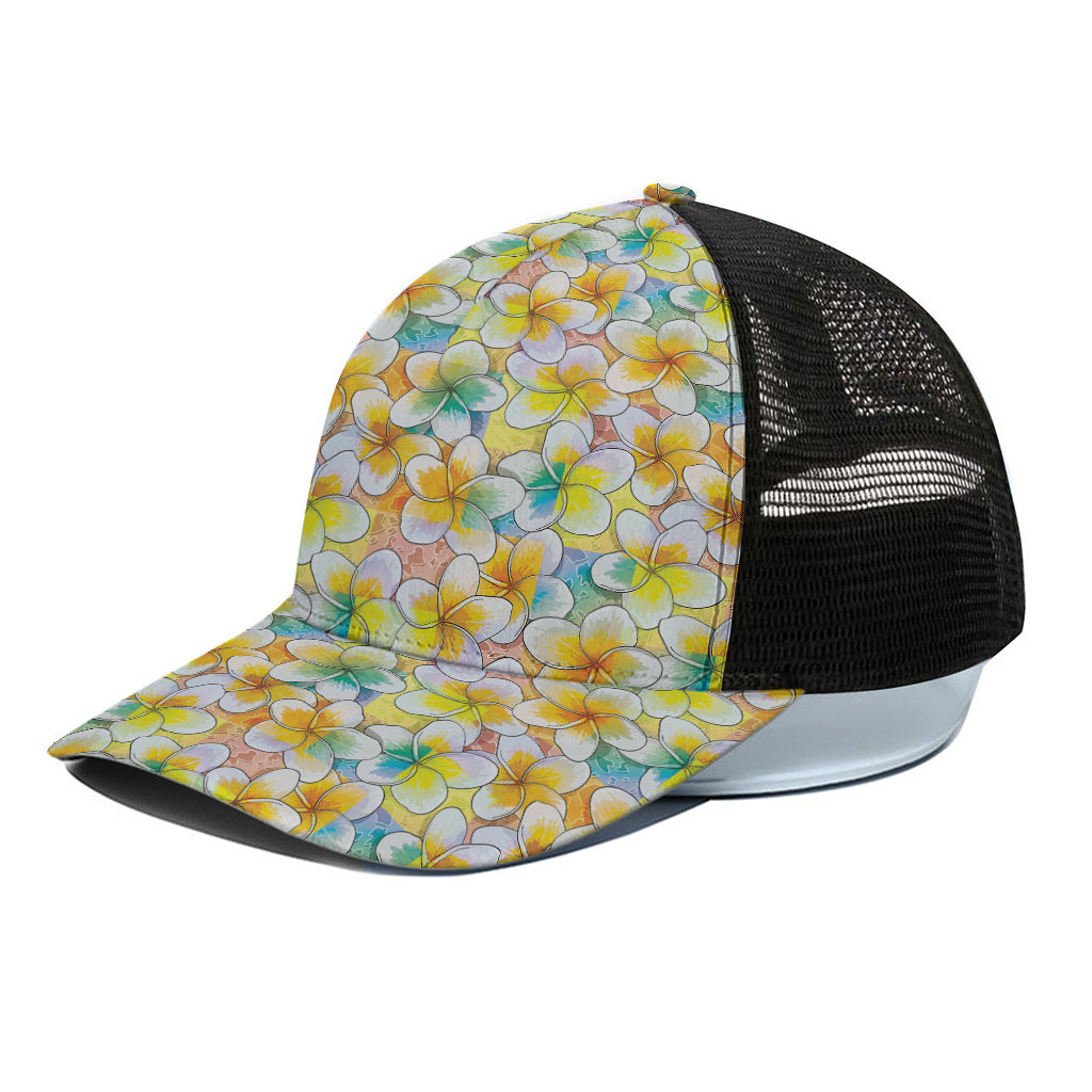 Colorful Frangipani Pattern Print Black Mesh Trucker Cap